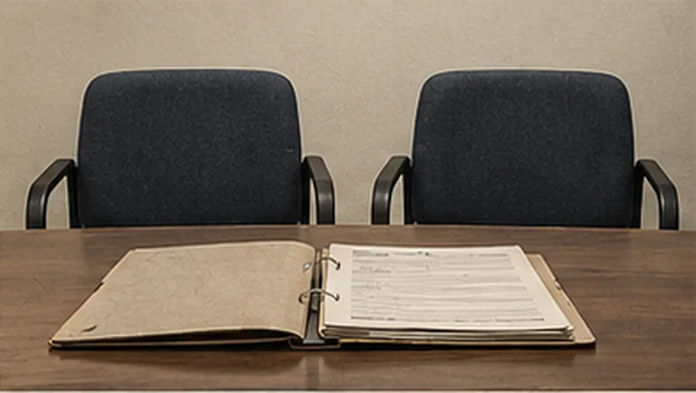 Two chairs side by side at a table with an open binder of documents in front of them.