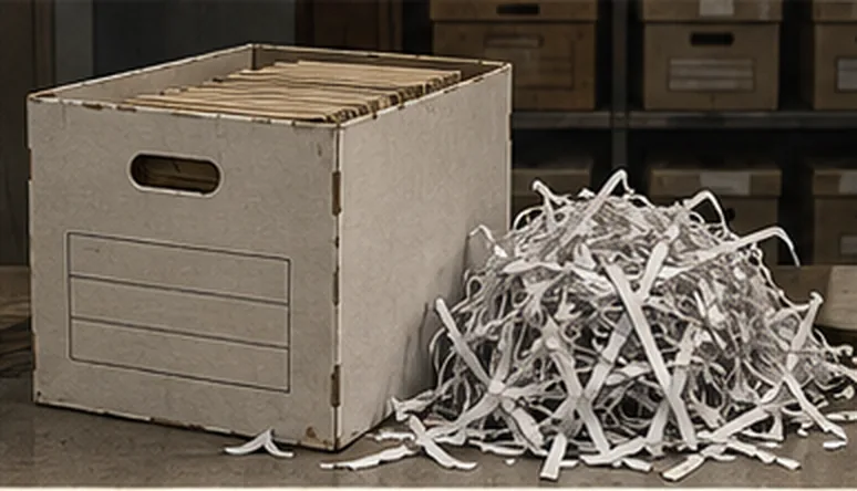 A cardboard records box beside a heap of shredded paper, with storage shelves behind.