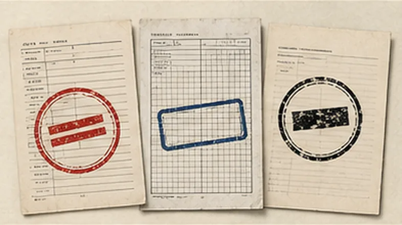 Three intake forms laid side by side, struck with a red, a blue and a black stamp.