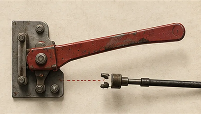 A red brake lever on a steel mount, its linkage rod stopping short of the lever with a dotted gap between them.