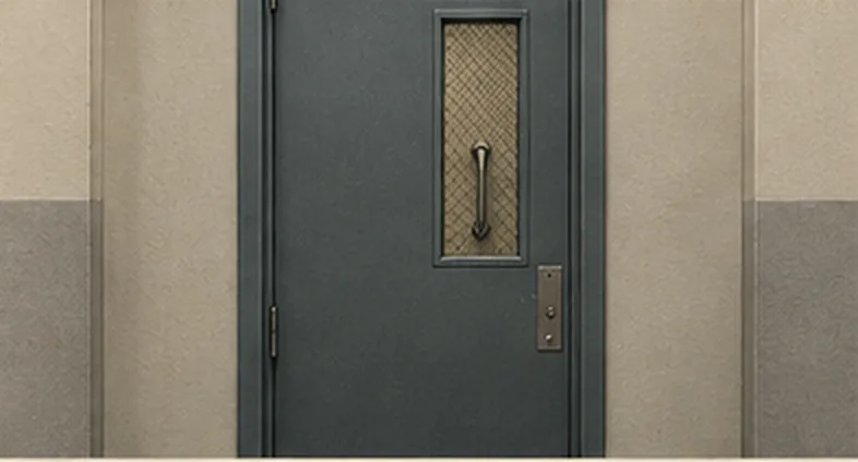 A closed grey-blue steel door with a narrow wired window, set in a pale institutional corridor wall.