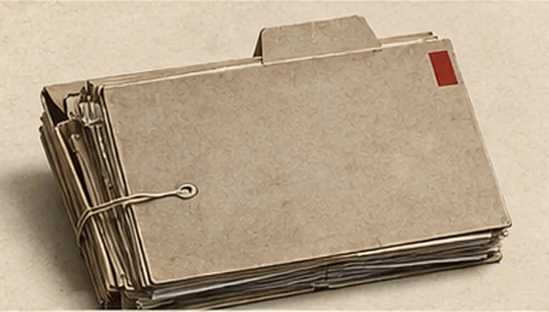 A thick, worn manila file bundled with string, a red tab on the corner.