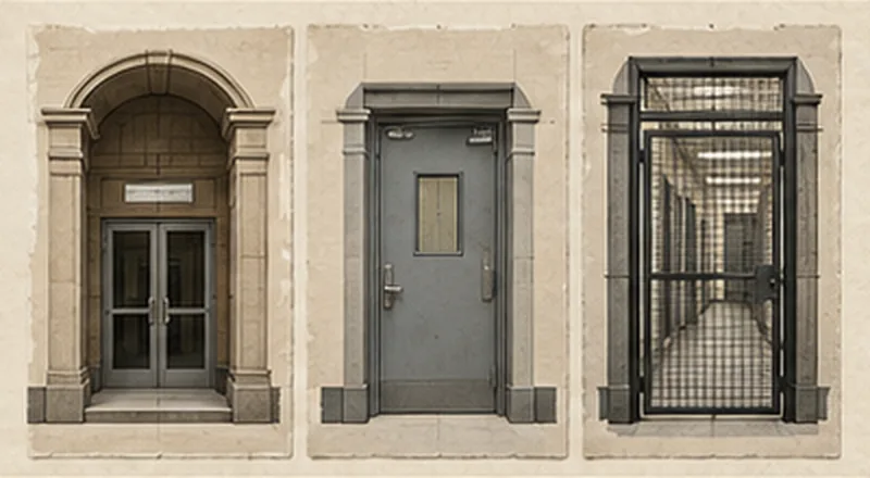 Three doorways side by side: a stone archway with double doors, a steel door with a wired window, and a barred gate opening onto a corridor.