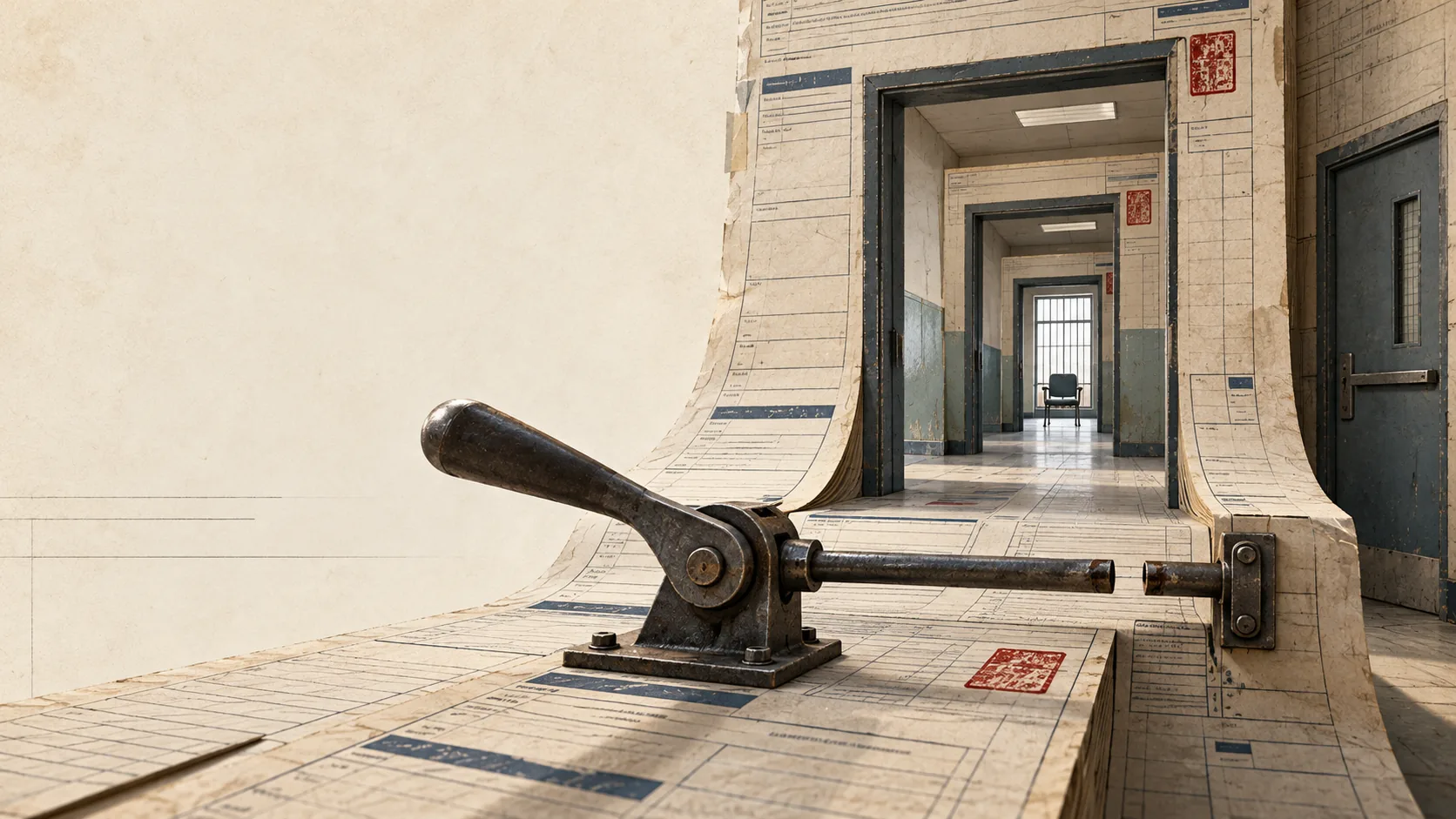 A rusted brake lever bolted to a floor of stacked intake forms; its rod stops short of the bracket it should drive. Beyond it, a corridor of doorways framed in the same paper recedes to a single empty chair under a barred window.