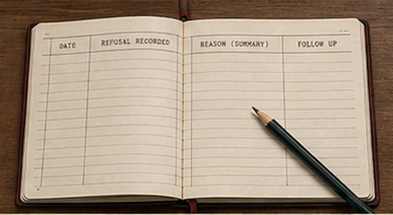 An open ledger with columns headed Date, Refusal recorded, Reason and Follow up, every line blank, a pencil resting on the page.