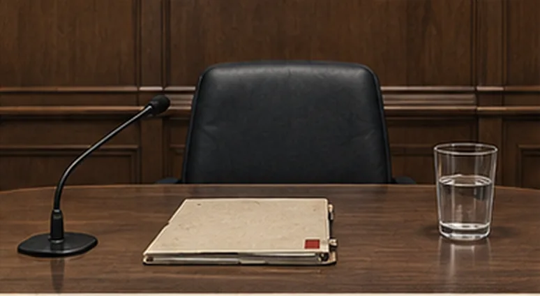 An empty leather chair behind a hearing table, with a microphone, a closed file and a glass of water.