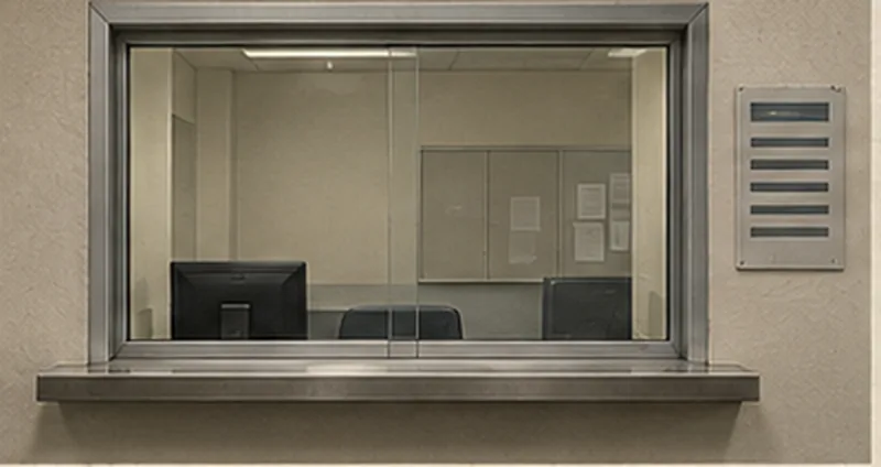 An empty reception window with a steel counter, looking into an unstaffed office.